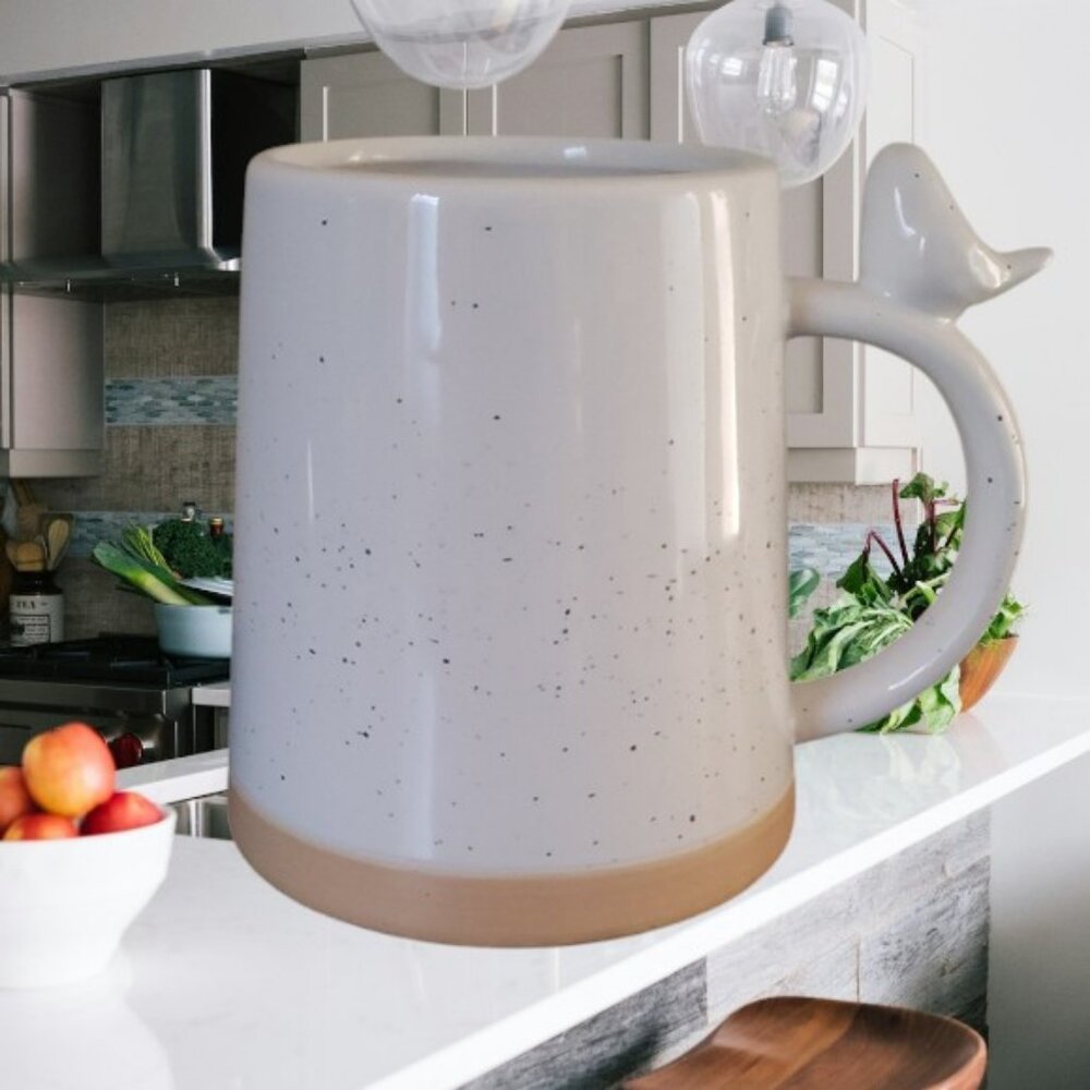 Transpac White Speckled Mug with Bird Handle   ~NWT~